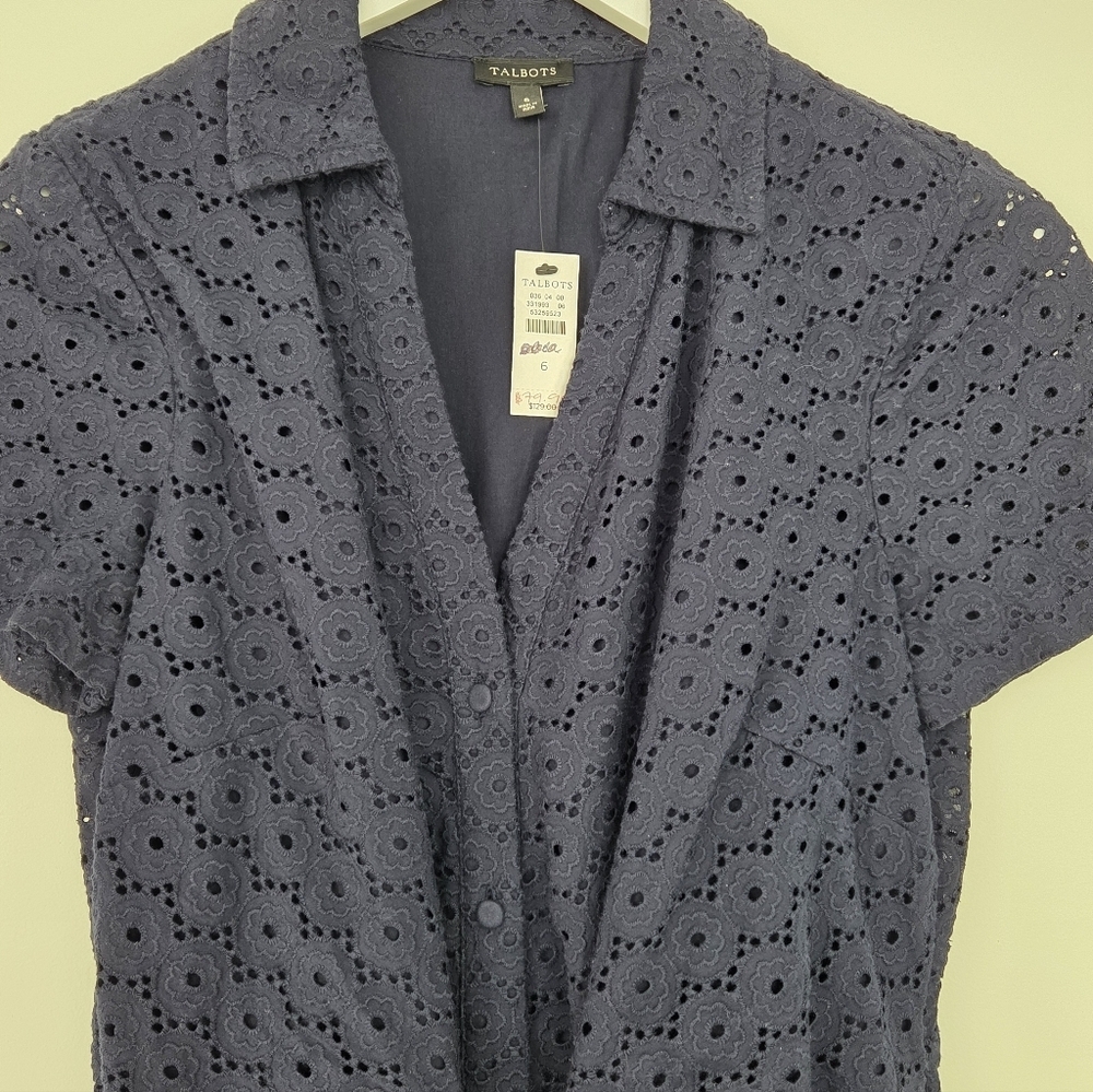 Talbots Blue Short Sleeve Eyelet Tie-Front Dress Size 6 NWT - Picture 8 of 12
